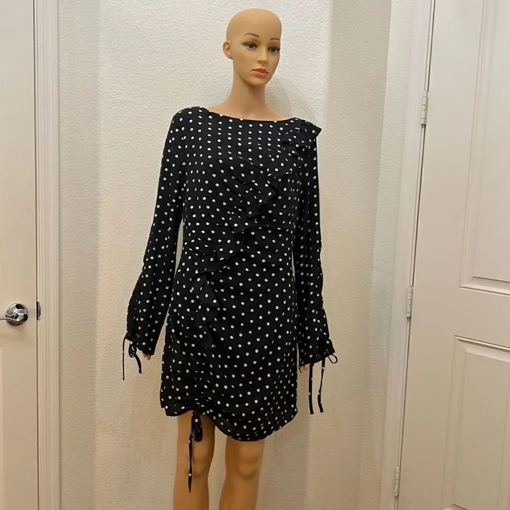Fashion Nova Dress Black White Polka Dots Size XL Scoop Neck Long Sleeve Ruffle